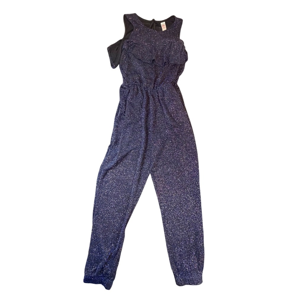 Justice‎ Girls Blue Glitter Cold Shoulder Ruffle Jumpsuit Size 12 Sparkly J10